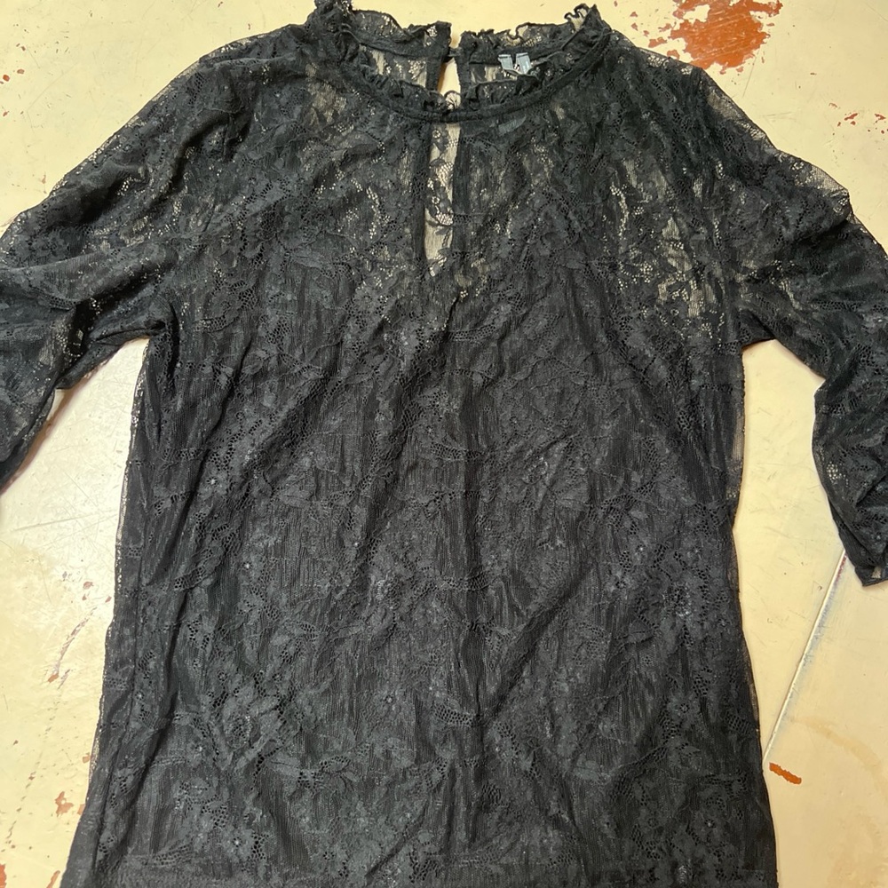 Anthropologie Black Lace Mandarin Collar Blouse